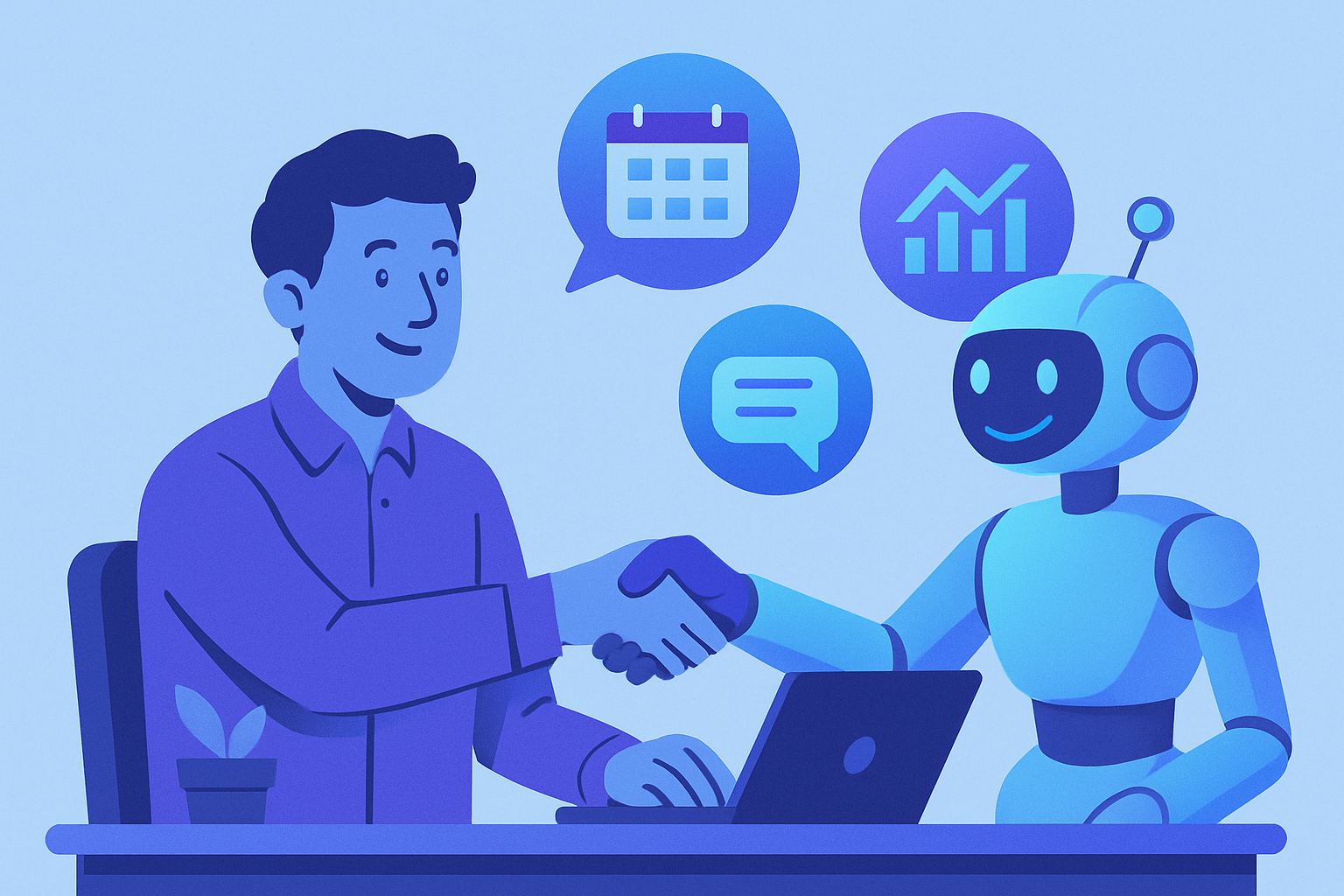 Ilustração flat em azul e roxo de dono de pequena empresa apertando a mão de um assistente robô de IA, cercado por ícones de conversas, agenda e gráficos